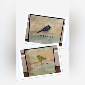 Set of 2 Bird Paintings - “Dream” & Believe” with Faded Typewriter Text